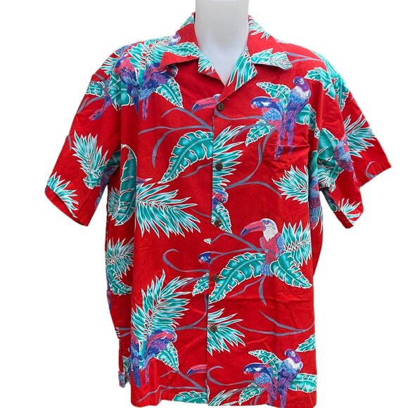 Go Barefoot Hawaiian Parrot Print Red Shirt 2XL Cotton Mens Short Sleeve USA - Picture 2 of 9